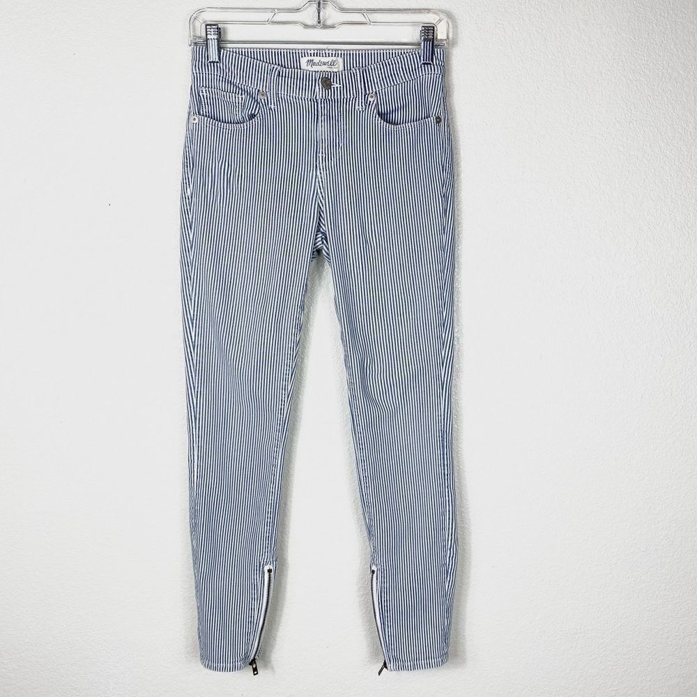 Madewell White & Blue Striped Zip Ankle Skinny Jeans